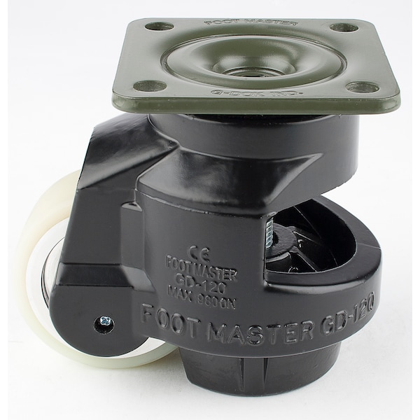 Leveling Caster, 75 mm Polyurethane Wheel, 95x95 mm Plate, Swivel, 1000 kg Cap, Al Foot Pad, Black